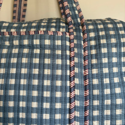 Quilted Blue Gingham Duffle Bag 