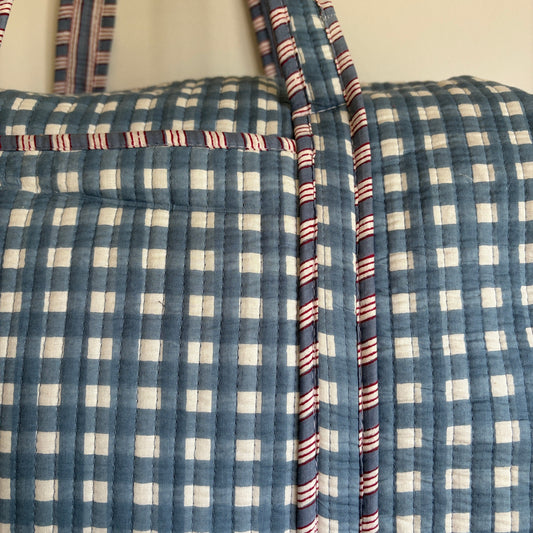 Quilted Blue Gingham Duffle Bag 