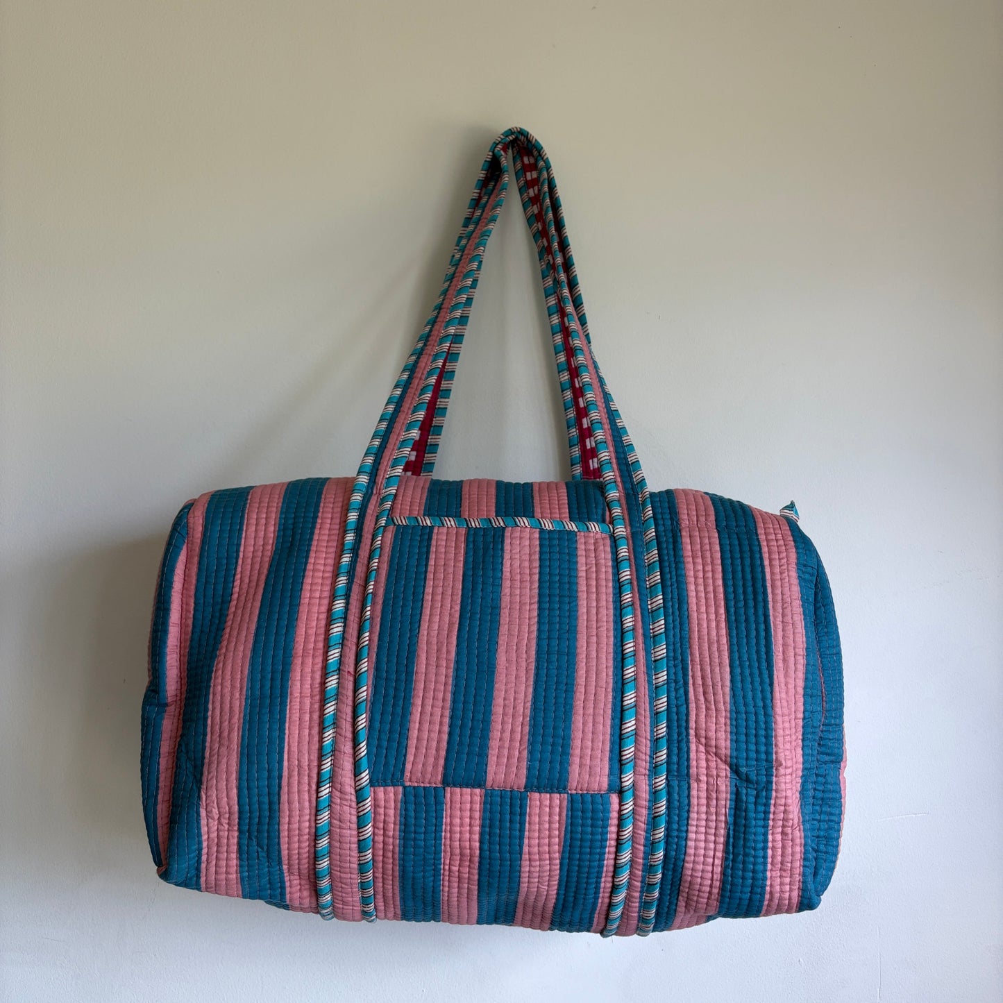 Handmade Cotton Weekend Travel Bag in Pink & Teal