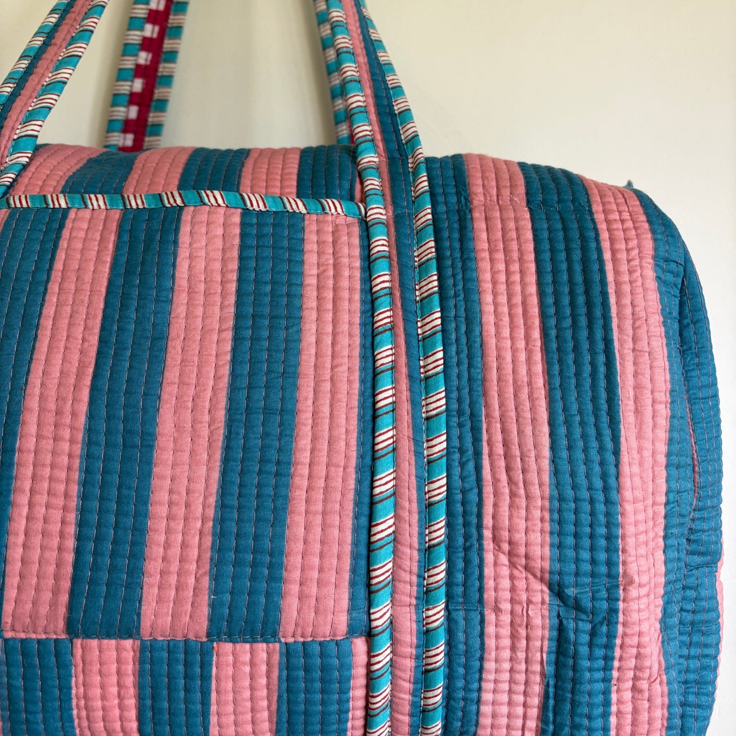Handmade Cotton Weekend Travel Bag in Pink & Teal