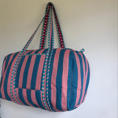 Handmade Cotton Weekend Travel Bag in Pink & Teal