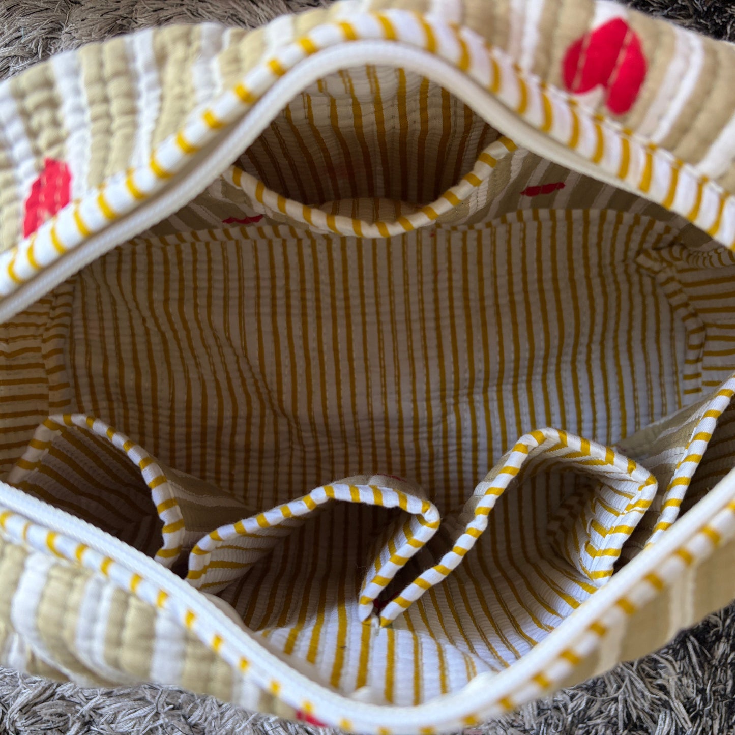 Cotton Quilted Heart Print Wash Bag – Mustard & White Stripe Toiletry Bag