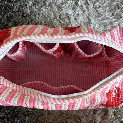 Cotton Quilted Lobster Print Wash Bag – Pink & White Stripe Toiletry Bag