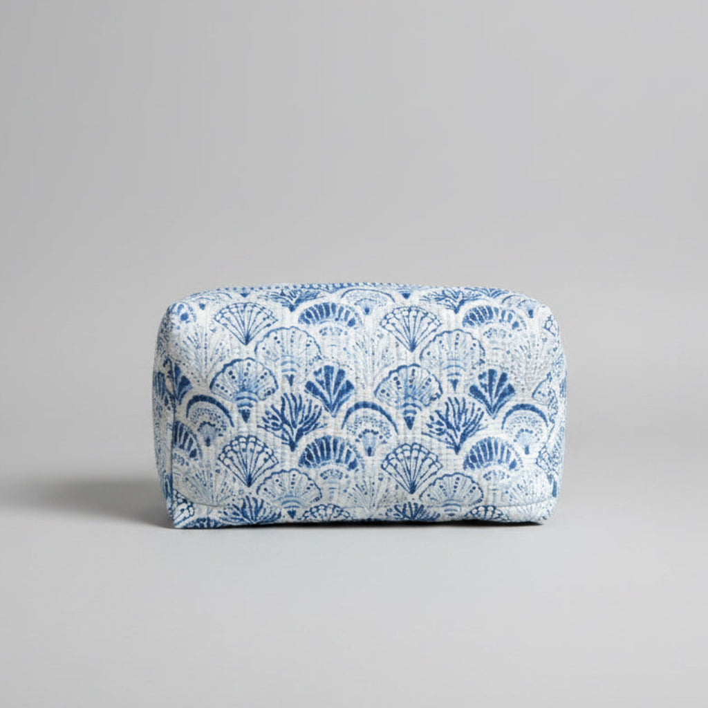 Quilted Cotton make up  bag with a blue and white shell design.