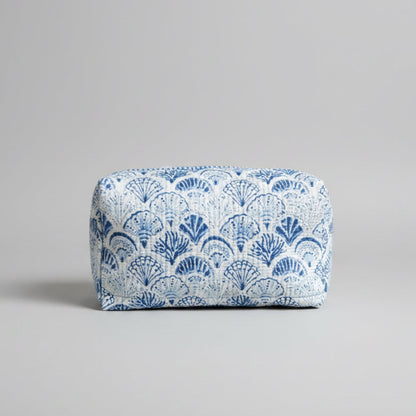 Quilted Cotton make up  bag with a blue and white shell design.