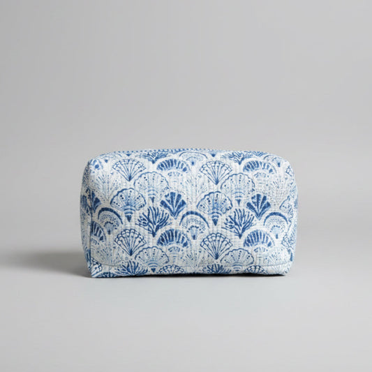 Quilted Cotton make up  bag with a blue and white shell design.