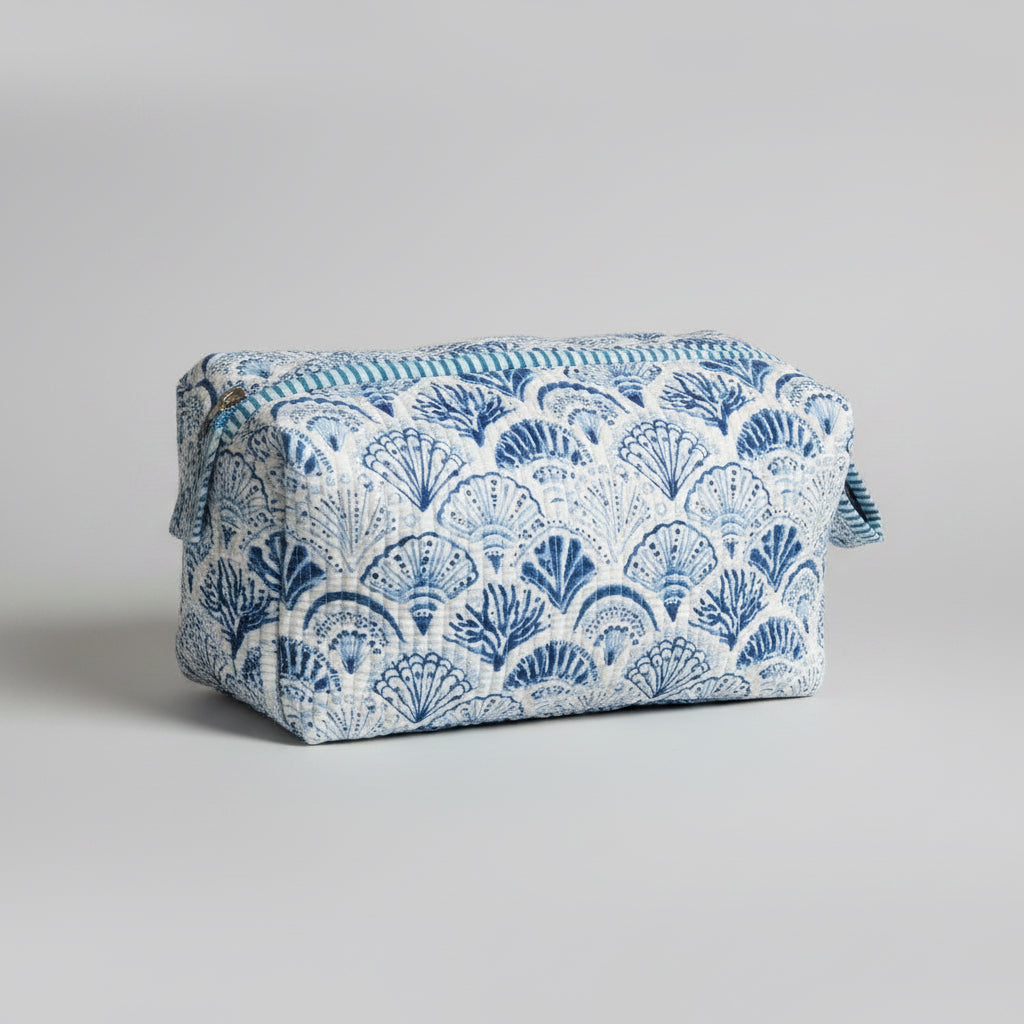 Quilted Cotton make up  bag with a blue and white shell design.