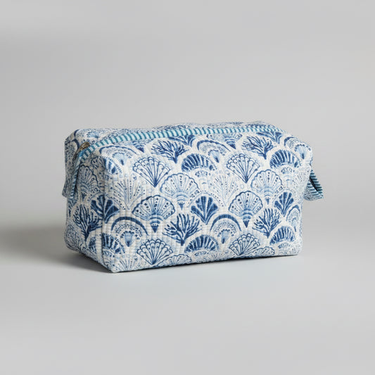 Quilted Cotton make up  bag with a blue and white shell design.
