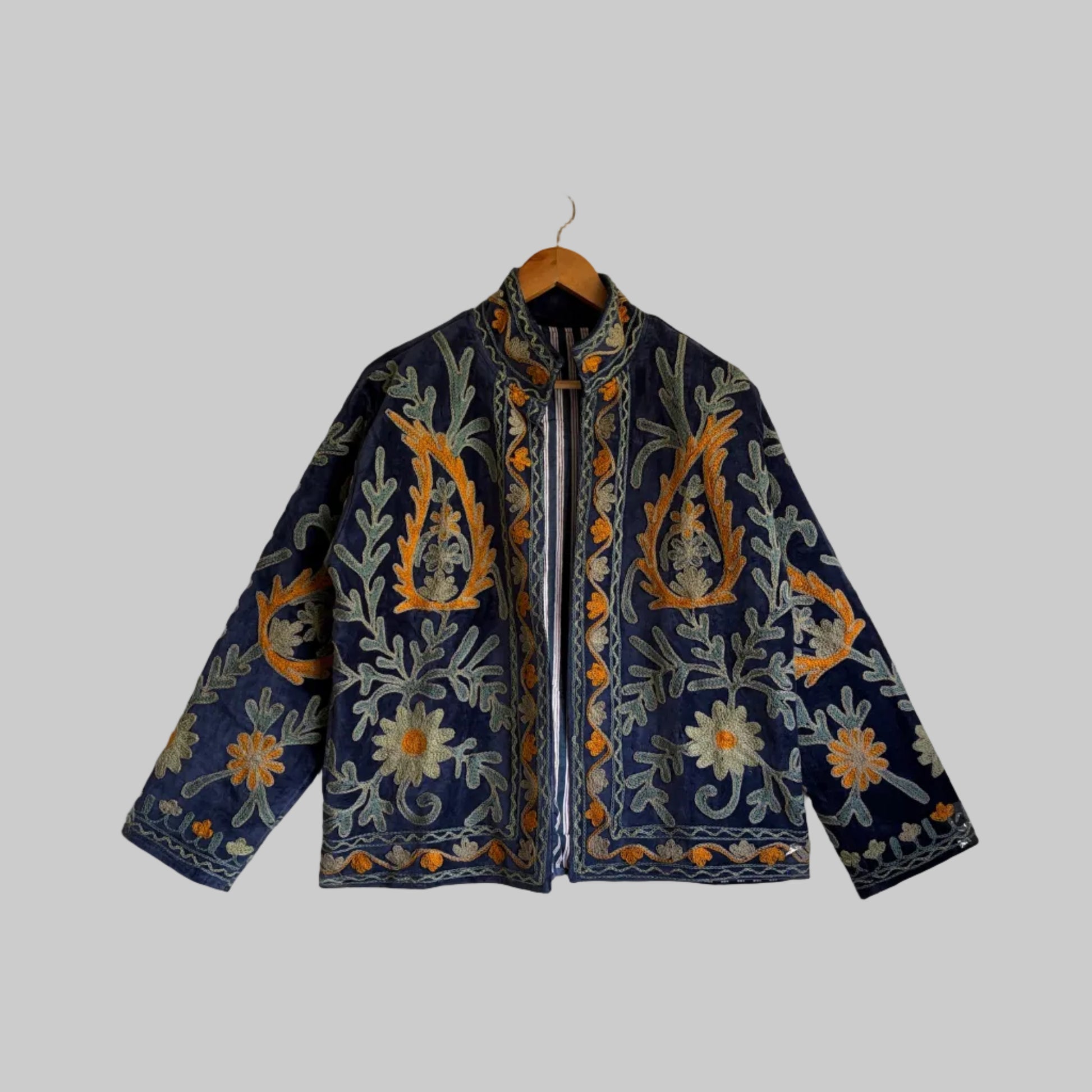 Navy Blue Suzani Embroidered Jacket | Hand-Stitched Boho Floral Coat