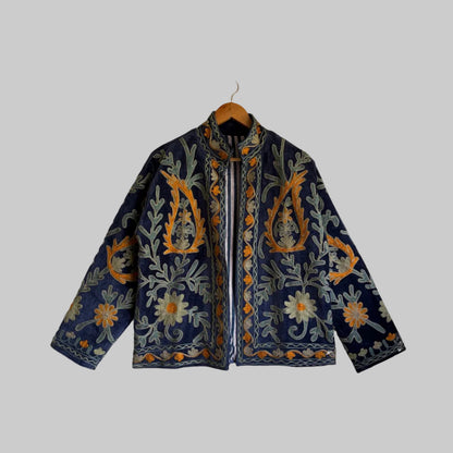 Navy Blue Suzani Embroidered Jacket | Hand-Stitched Boho Floral Coat
