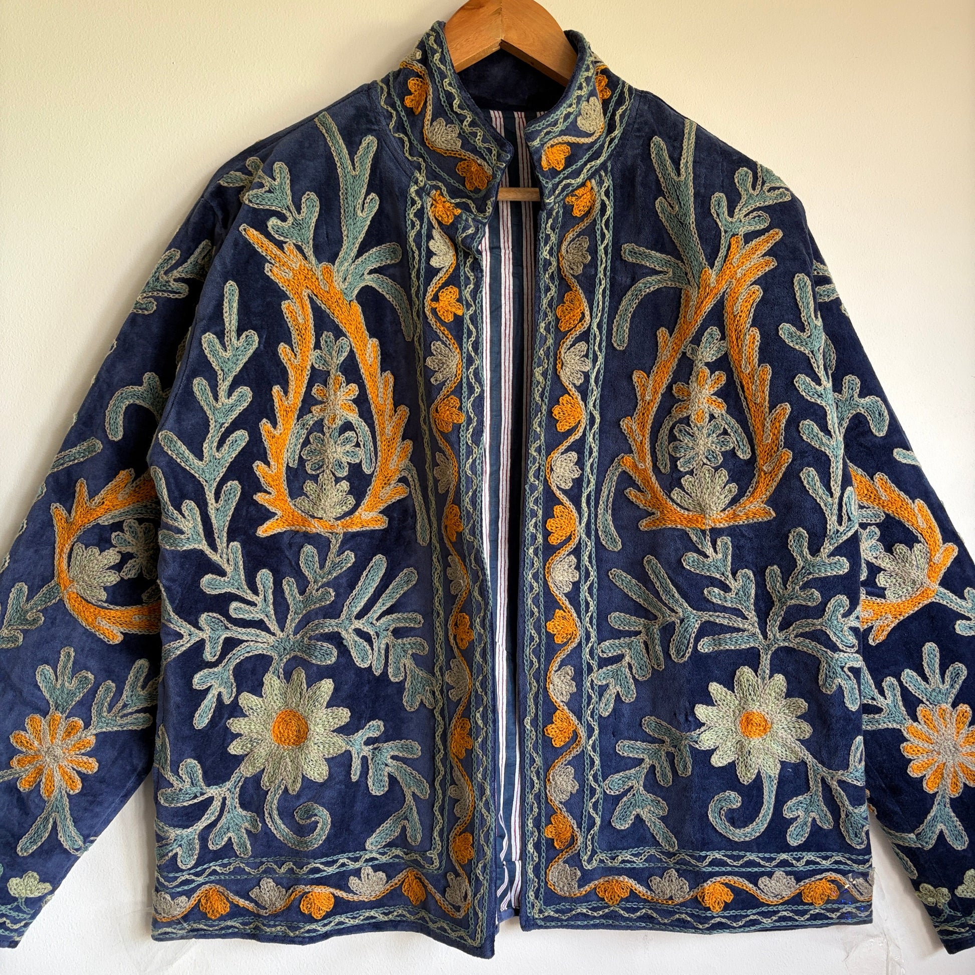 Navy Blue Suzani Embroidered Jacket | Hand-Stitched Boho Floral Coat