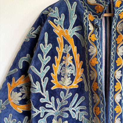 Navy Blue Suzani Embroidered Jacket | Hand-Stitched Boho Floral Coat