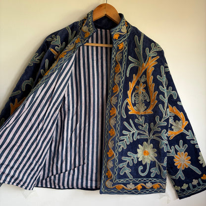 Navy Blue Suzani Embroidered Jacket | Hand-Stitched Boho Floral Coat