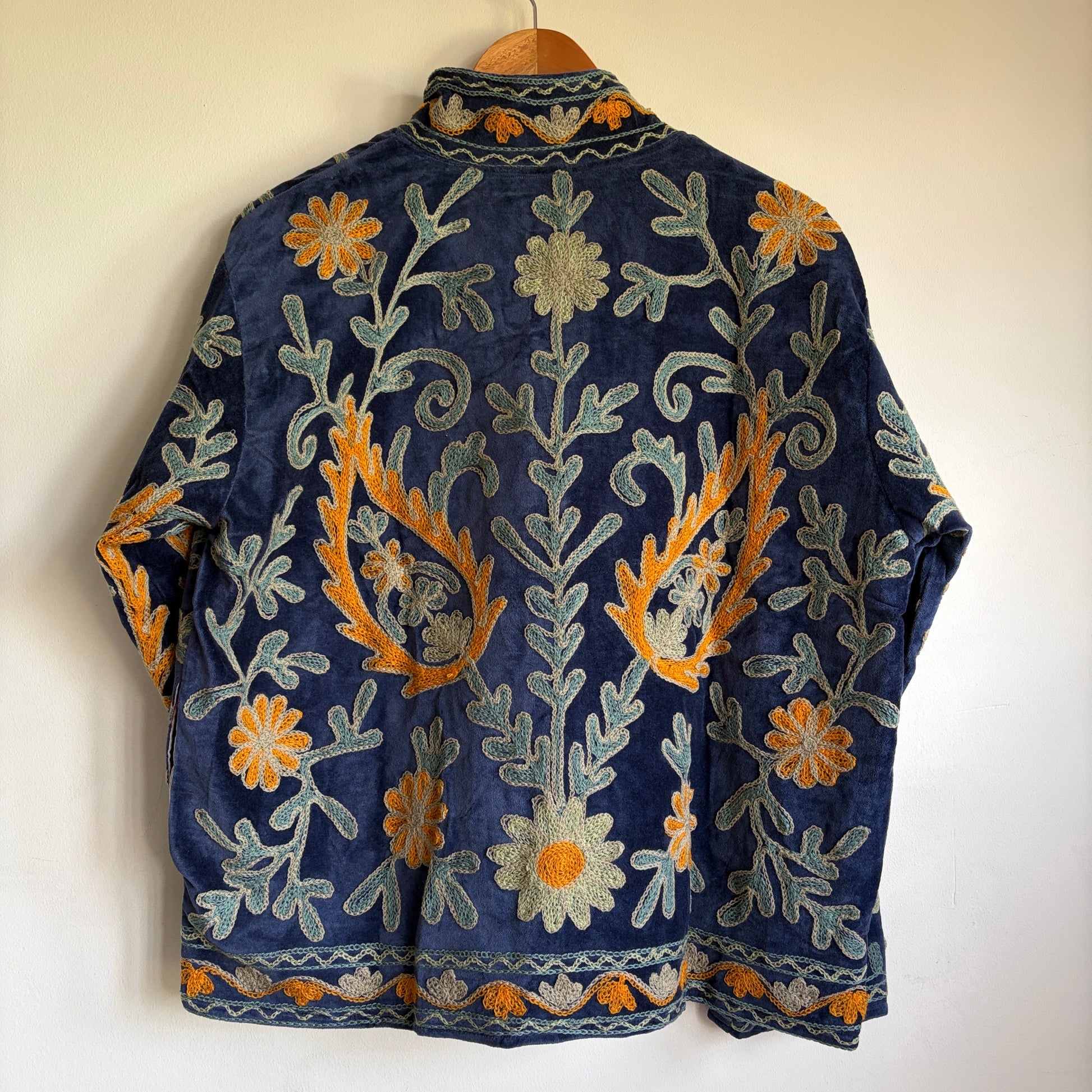 Navy Blue Suzani Embroidered Jacket | Hand-Stitched Boho Floral Coat