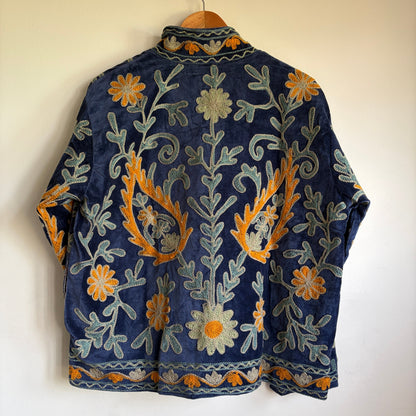 Navy Blue Suzani Embroidered Jacket | Hand-Stitched Boho Floral Coat