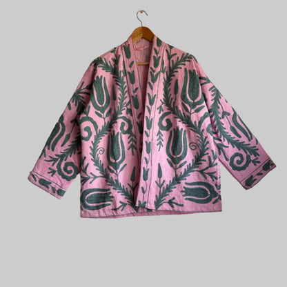 Cotton Pink Suzani Embroidered Kimono Jacket UK
