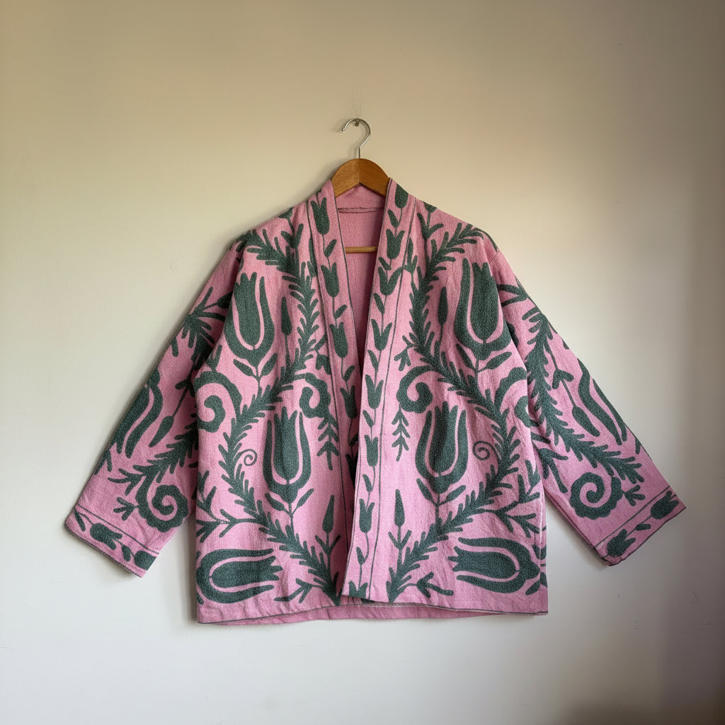Pink Suzani Embroidery Kimono jacket dark gray abstract leaf and scroll pattern. 