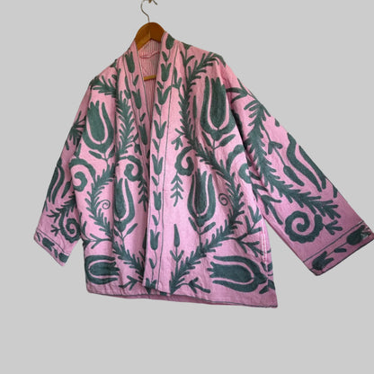 Cotton Pink Suzani Embroidered Kimono Jacket UK