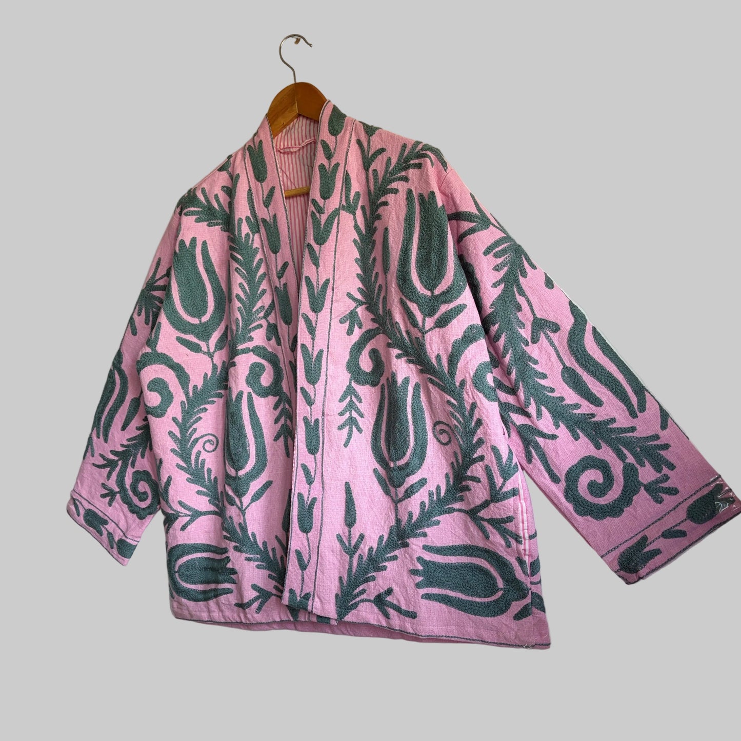 Pink Suzani Embroidery Kimono jacket dark gray abstract leaf and scroll pattern. 