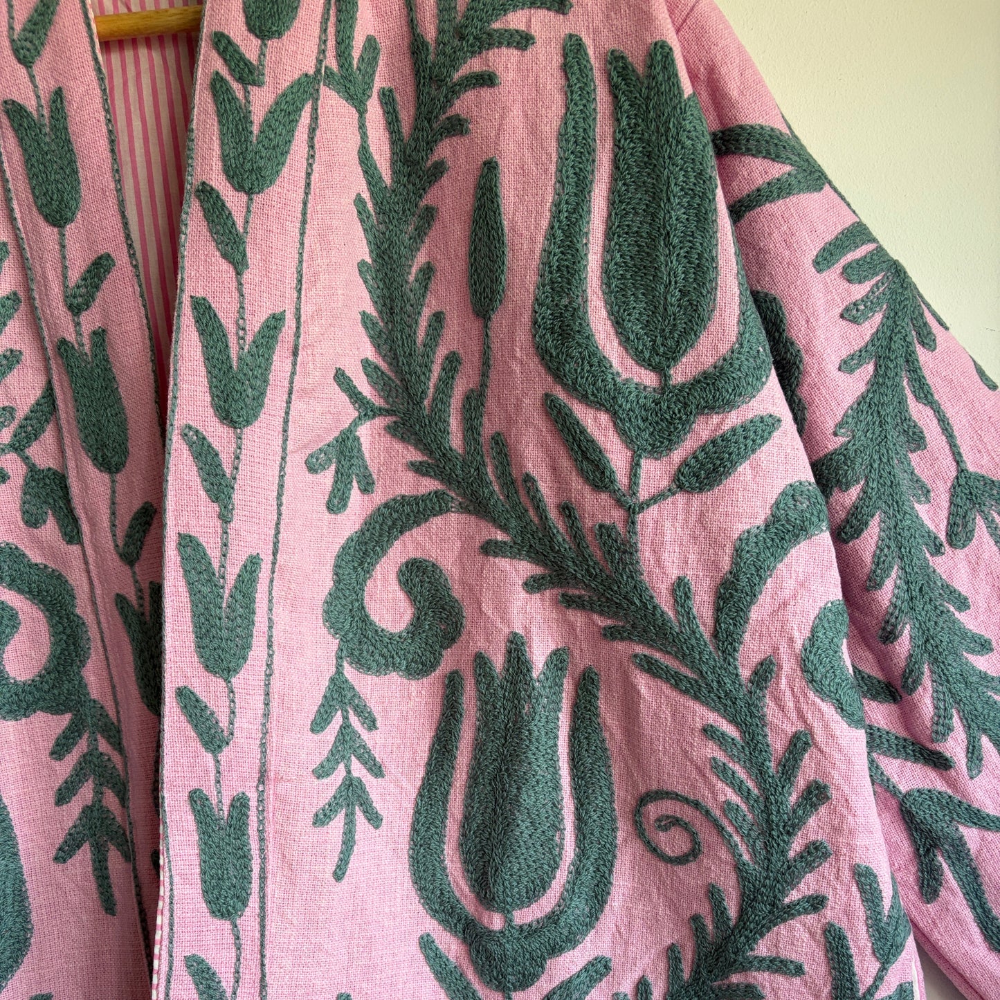 Pink Suzani Embroidery Kimono jacket dark gray abstract leaf and scroll pattern. 
