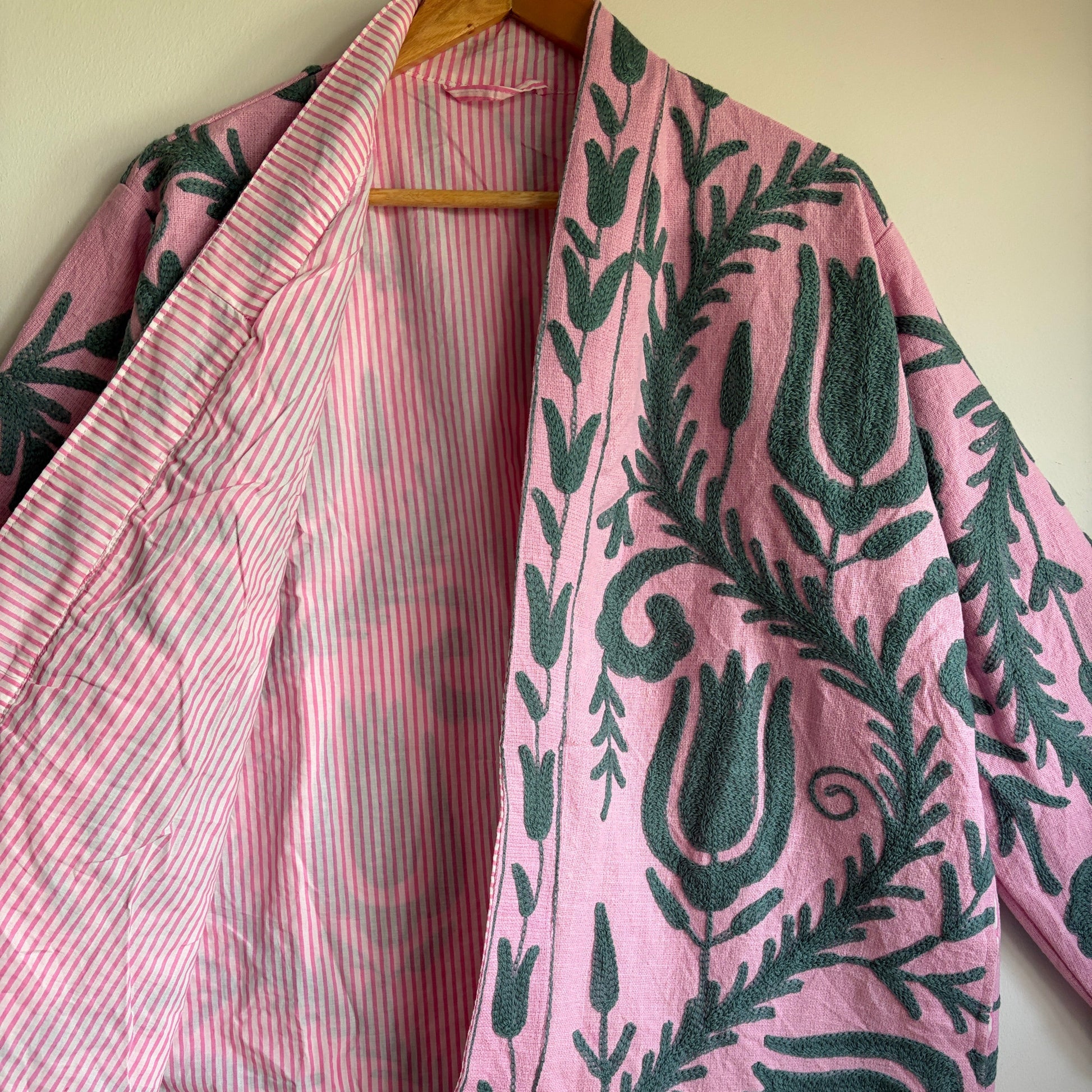 Cotton Pink Suzani Embroidered Kimono Jacket UK