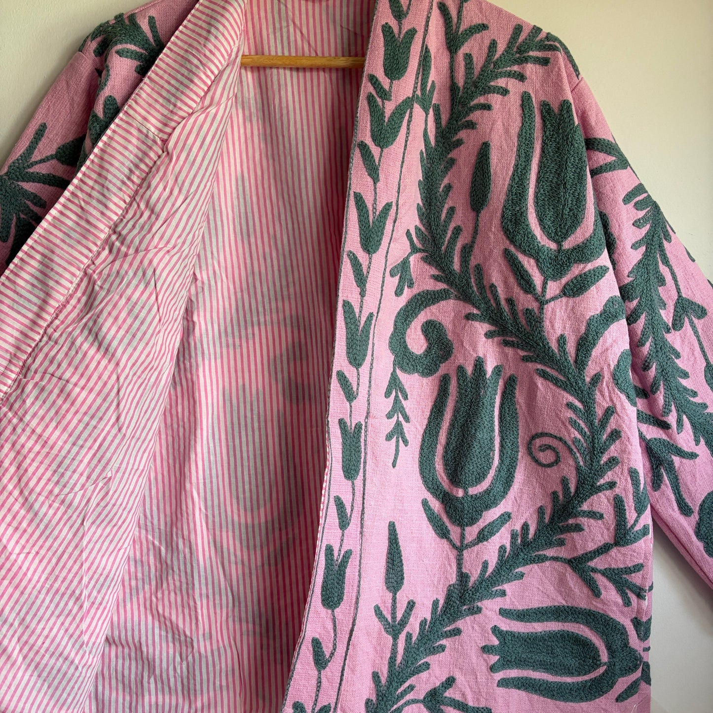 Pink Suzani Embroidery Kimono jacket dark gray abstract leaf and scroll pattern