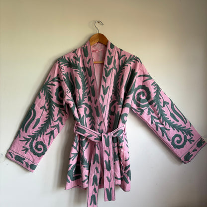 Pink Suzani Embroidery Kimono jacket dark gray abstract leaf and scroll pattern. 