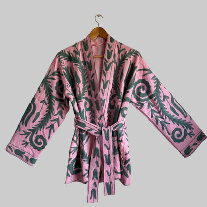 Cotton Pink Suzani Embroidered Kimono Jacket UK