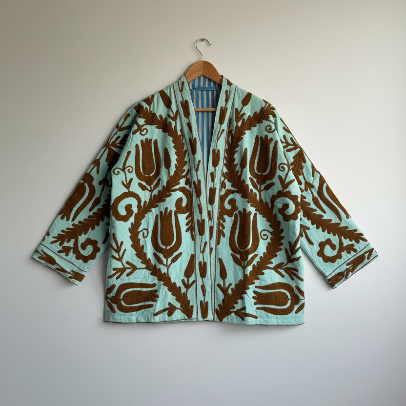 Cotton Blue Suzani Embroidered Kimono Jacket UK