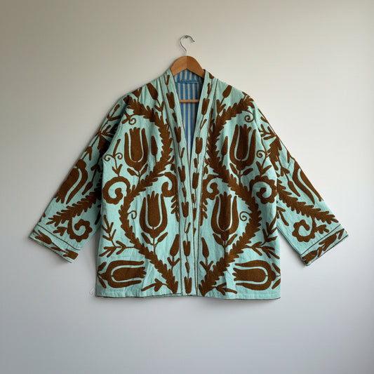 Cotton Blue Suzani Embroidered Kimono Jacket UK