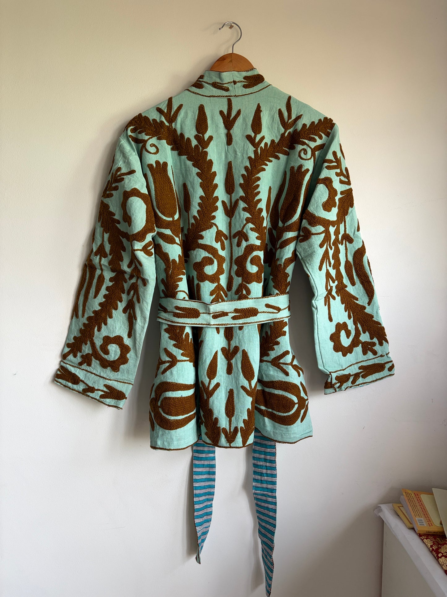 Mint Green Suzani Embroidered Kimono Jacket | Hand-Stitched Boho Coat with Belt