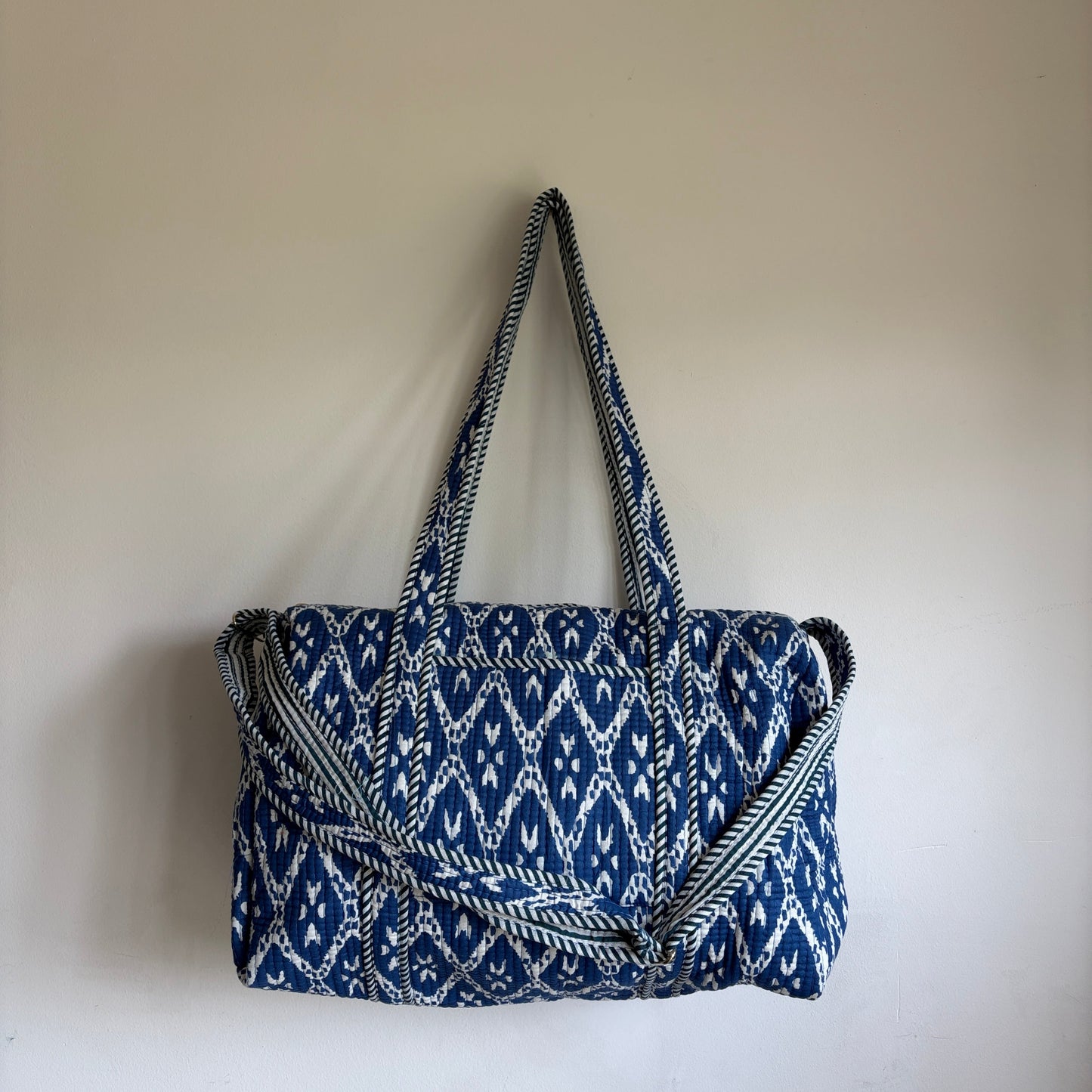 Indigo blue cotton quilted duffle bag