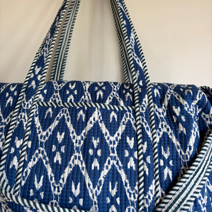 Indigo blue cotton quilted duffle bag