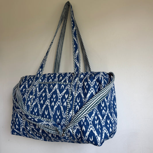 Indigo blue cotton quilted duffle bag
