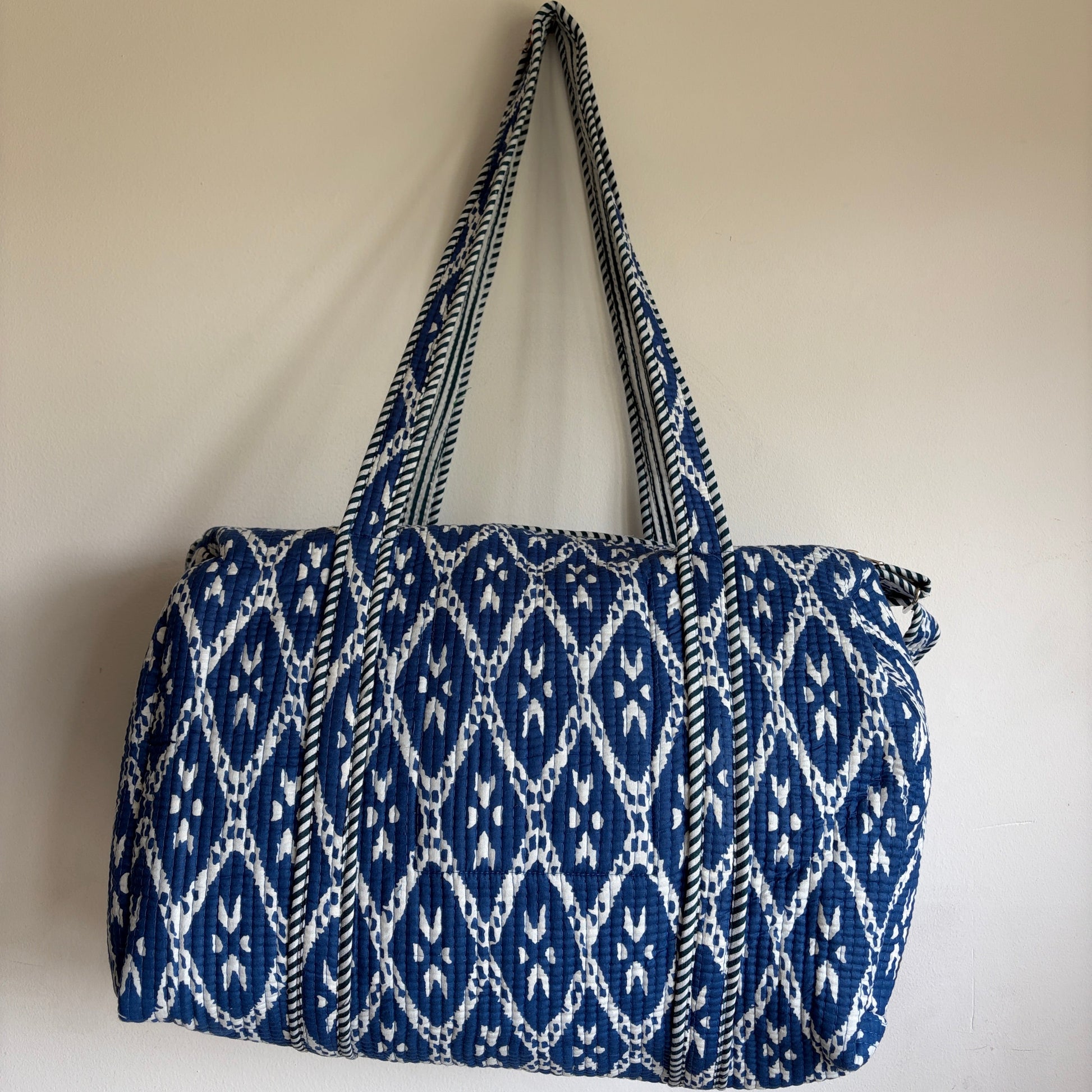 Indigo blue cotton quilted duffle bag