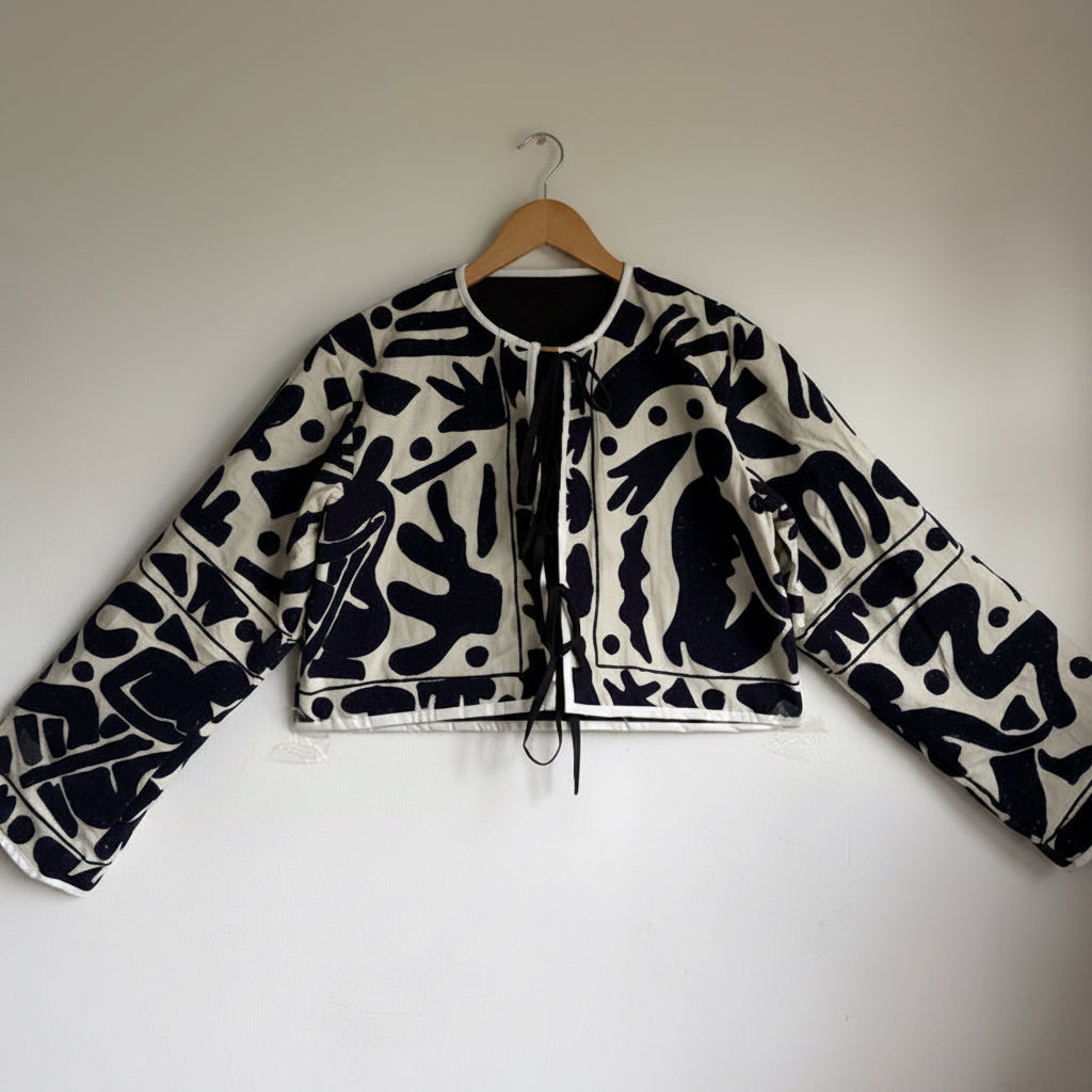 Ivory & Indigo Abstract Embroidered Cropped Jacket