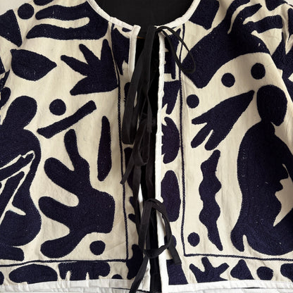 Ivory & Indigo Abstract Embroidered Suzani Cropped Jacket