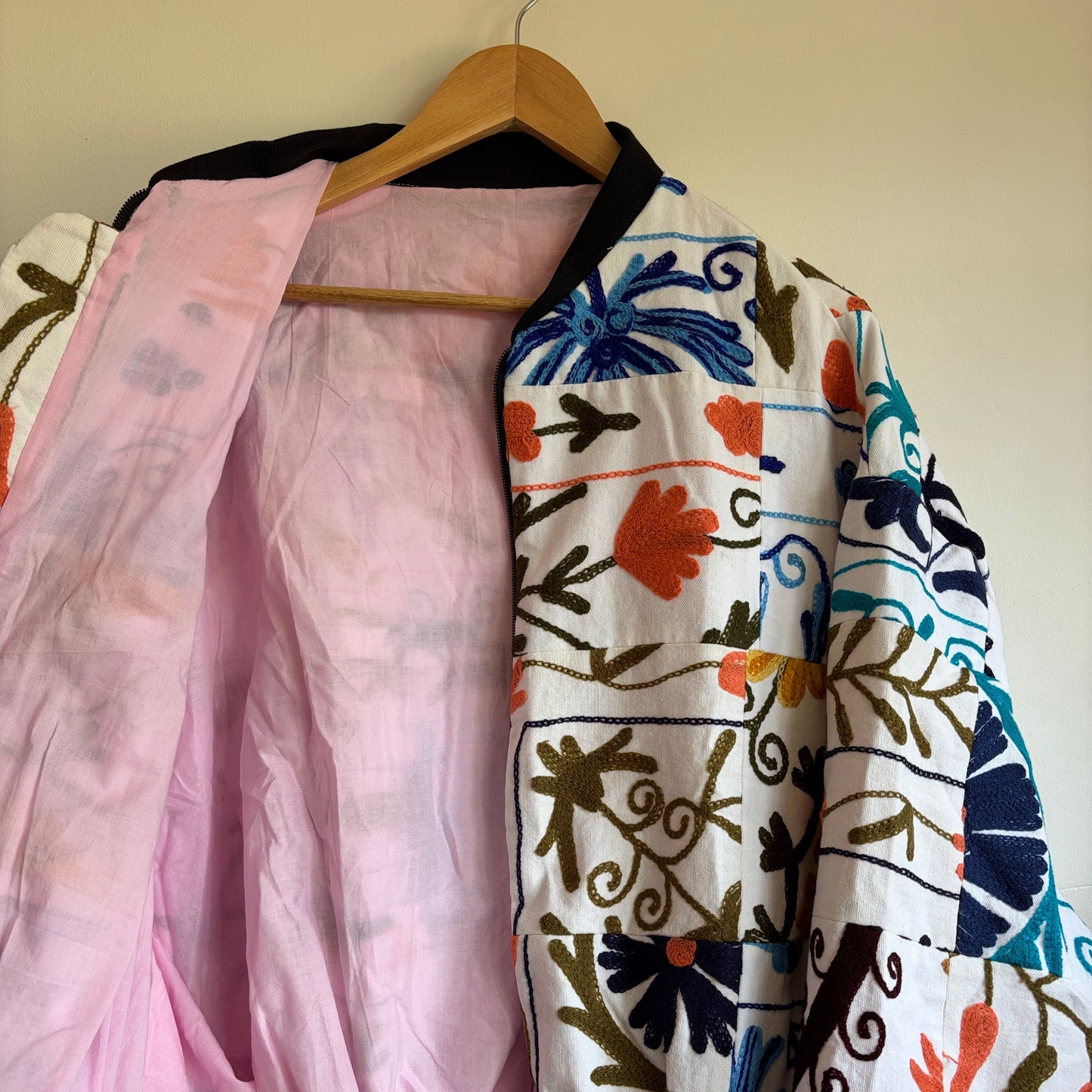 patchwork suzani bomber jacket