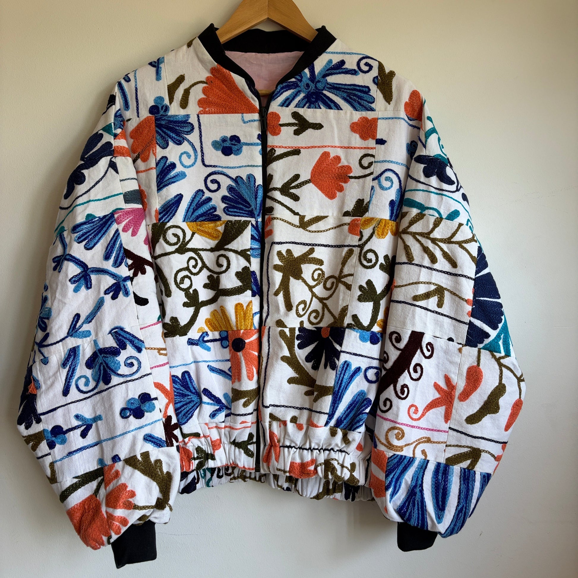 patchwork suzani bomber jacket