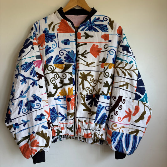 patchwork suzani bomber jacket