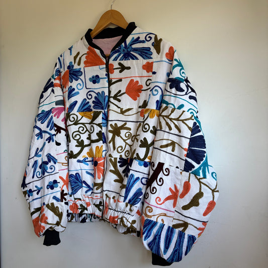 patchwork suzani bomber jacket