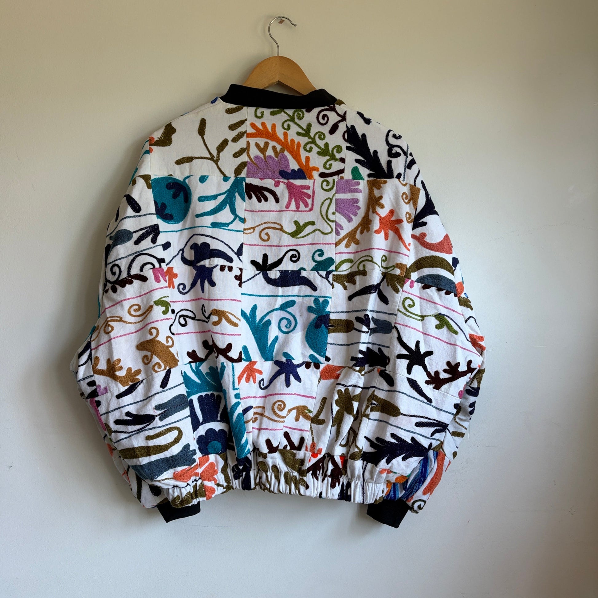 patchwork suzani bomber jacket