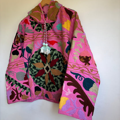 Pink Cotton Suzani Embroidery Hoodie