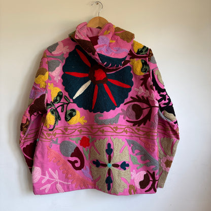Pink Cotton Suzani Embroidery Hoodie