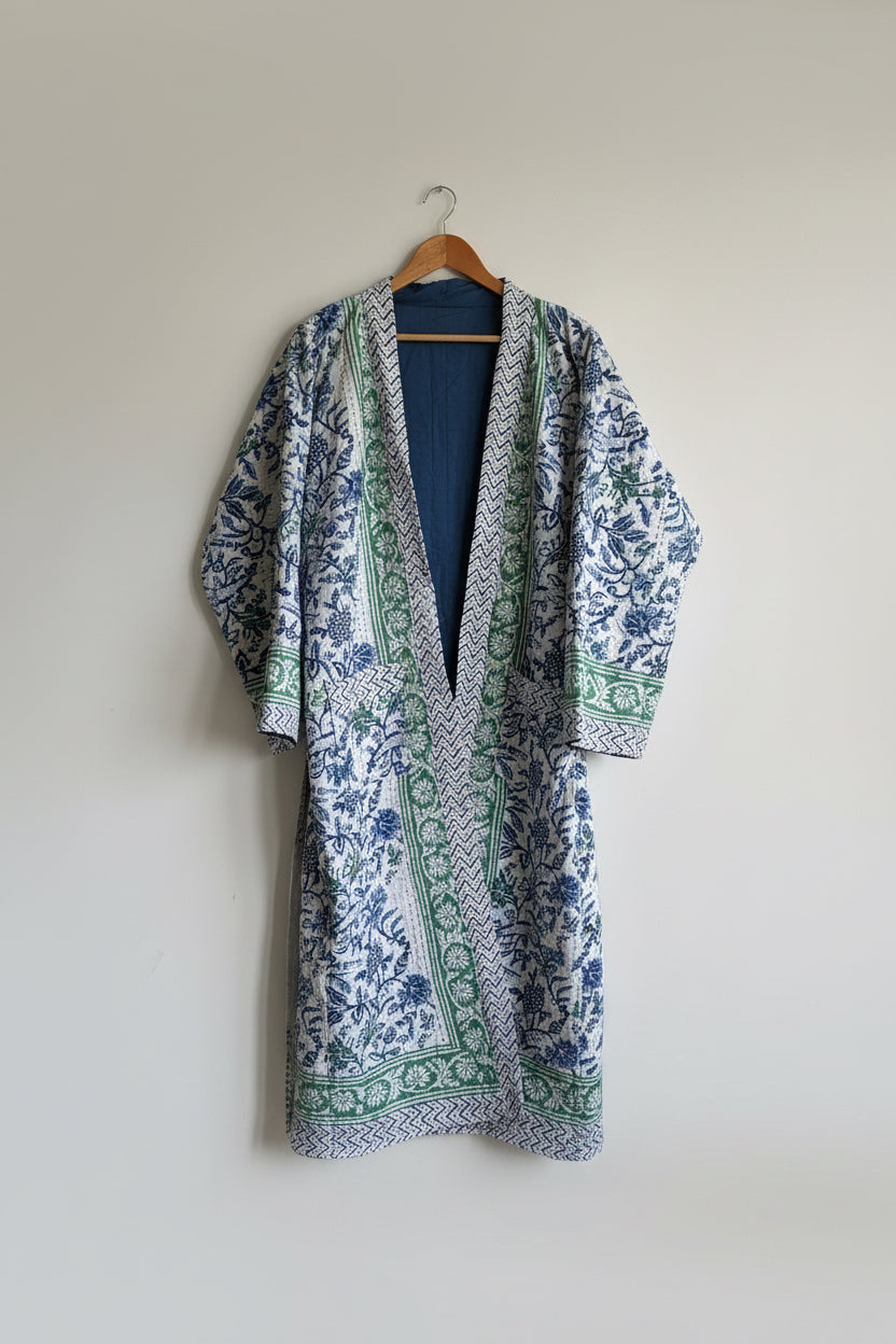 Blue Floral Kantha Dressing Gown