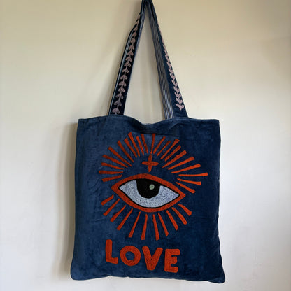 Evil Eye embroidery Velvet Tote bag