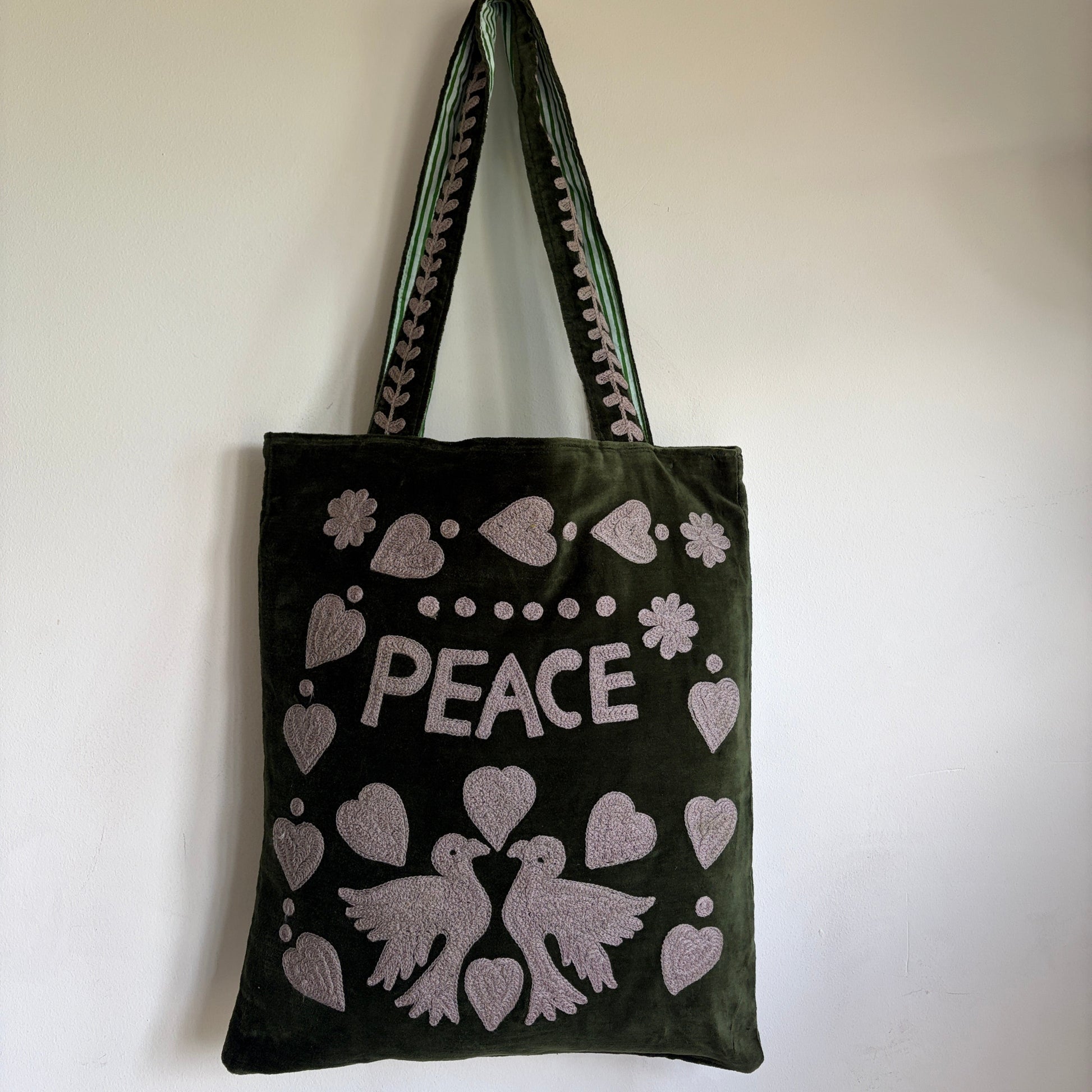 Love embroidery velvet tote bag with a green and white patterned shoulder strap