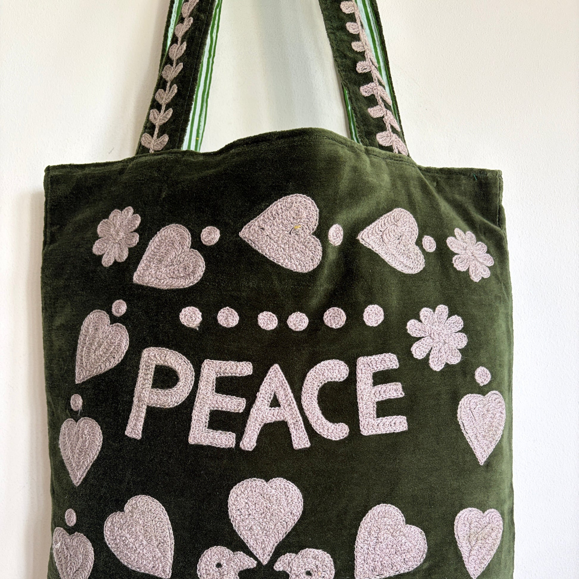 Love embroidery velvet tote bag with a green and white patterned shoulder strap