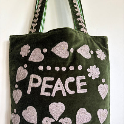 Love embroidery velvet tote bag with a green and white patterned shoulder strap
