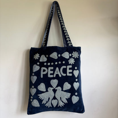 Navy Velvet Tote Bag – Grey Embroidered "LOVE" Folk Hearts & Bird Motif